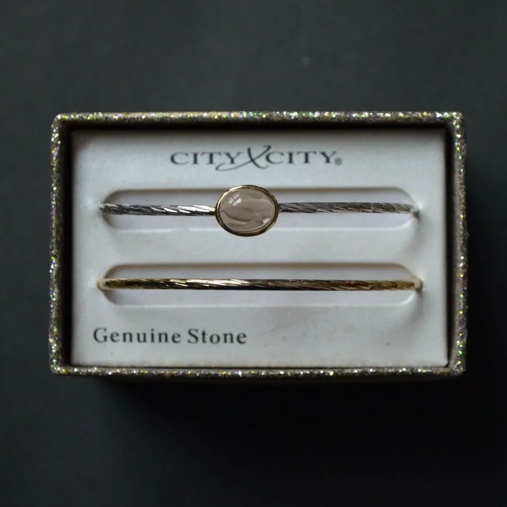 City x City Bangle Bracelet Pair Brown Stone Gold Silver